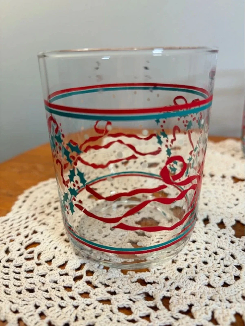 Vintage Christmas Holly & Ribbon Double Old Fashioned Glasses Set of 6